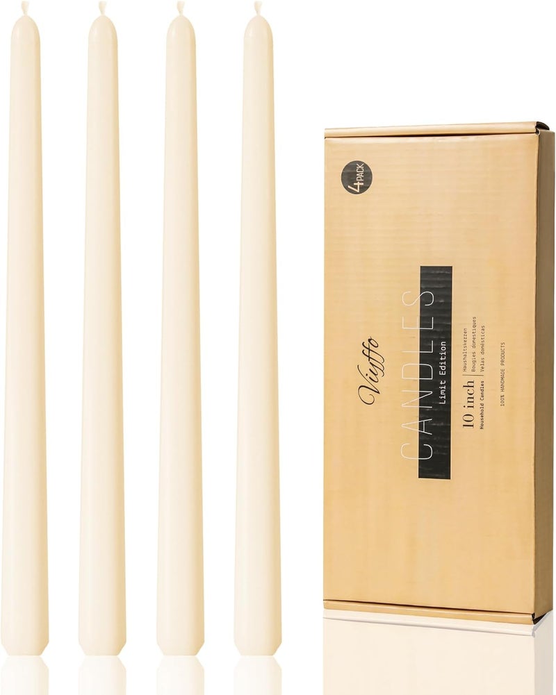 Viyffo Taper Candles – 10 Inch Long Ivory Candlesticks, 4 Pack, Unscented, Dripless, Smokeless Tapered Stick Candles, Tall Candles for Dinner, Wedding, Party, Holiday Decor - Image 1